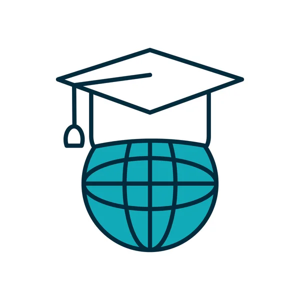 Concept d'éducation en ligne, casquette de graduation avec icône de la sphère mondiale, demi-ligne style demi-couleur — Image vectorielle