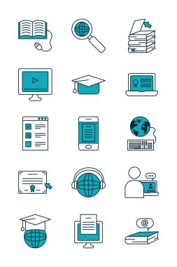 küresel çevre ve çevrimiçi eğitim simgesi seti, yarı satır yarı renk biçimi