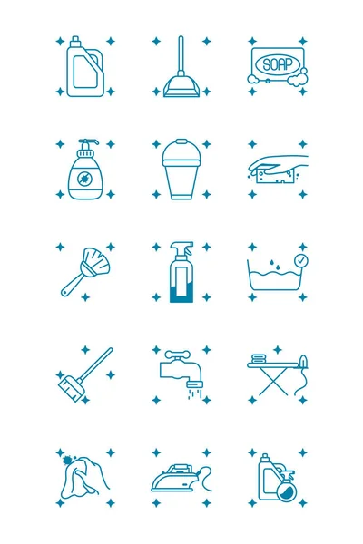 Set di icone per scopa ed elementi per la pulizia, stile linea — Vettoriale Stock