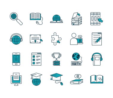 akademik kitaplar ve çevrimiçi eğitim simgesi seti, yarı satır yarı renk biçimi