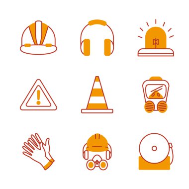 Trafik konisi ve güvenlik unsurları simgesi seti, yarı çizgi yarı renk biçimi
