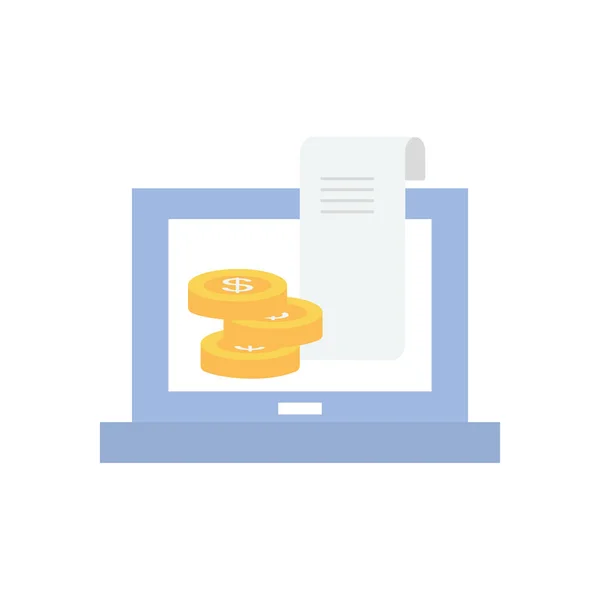 Pagamenti on-line concetto, computer portatile con monete in denaro e l'icona della fattura, stile piatto — Vettoriale Stock