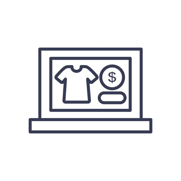 Płatności online koncepcja, laptop komputer z koszulką i ikonami monet pieniężnych na ekranie, styl linii — Wektor stockowy