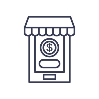 Çevrimiçi ödeme kavramı, depolama çadırı ve ekran simgesinde para olan akıllı telefon, satır biçimi