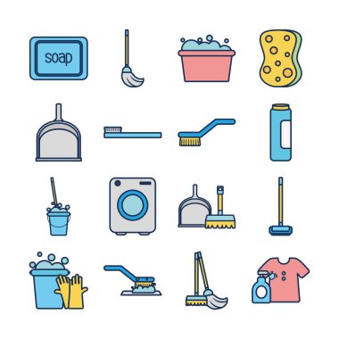 çamaşır makinesi ve temizlik araçları simgesi seti, satır doldurma biçimi
