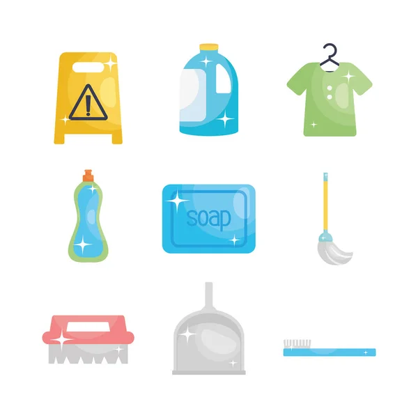 Avertisseur panneau de sol et outils de nettoyage jeu d'icônes, style plat — Image vectorielle