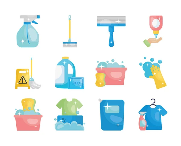 Cubos y desinfección y elementos de limpieza icono conjunto, estilo plano — Vector de stock