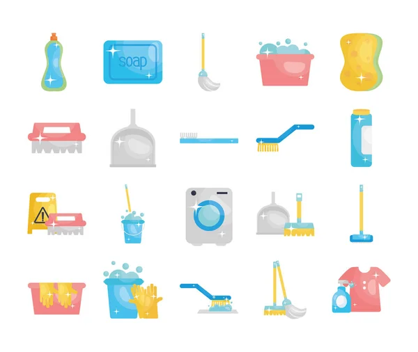 Brosses et ensemble d'icônes de désinfection et éléments de nettoyage, style plat — Image vectorielle