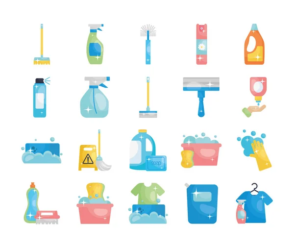 Botellas de spray y herramientas de limpieza icono conjunto, estilo plano — Vector de stock