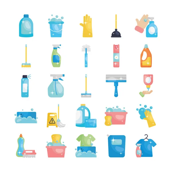 Σετ εικονιδίων προϊόντων και εργαλείων καθαρισμού, επίπεδου στυλ — Διανυσματικό Αρχείο
