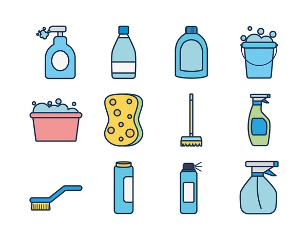 Fertőtlenítő palackok és tisztítóelemek ikon készlet, vonaltöltő stílus — Stock Vector
