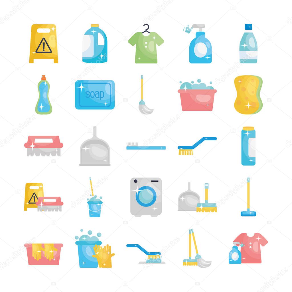 disinfection elements and cleaning brushes icon set, flat style