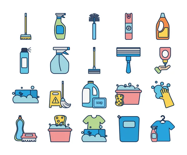 Sprayflaskor och rengöringsverktyg ikon set, linje fylla stil — Stock vektor