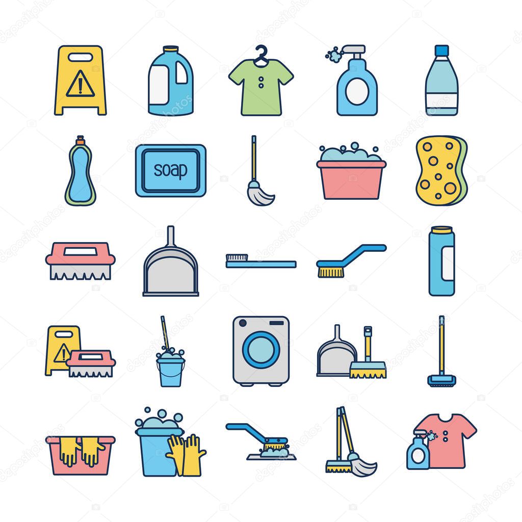 disinfection elements and cleaning brushes icon set, line fill style