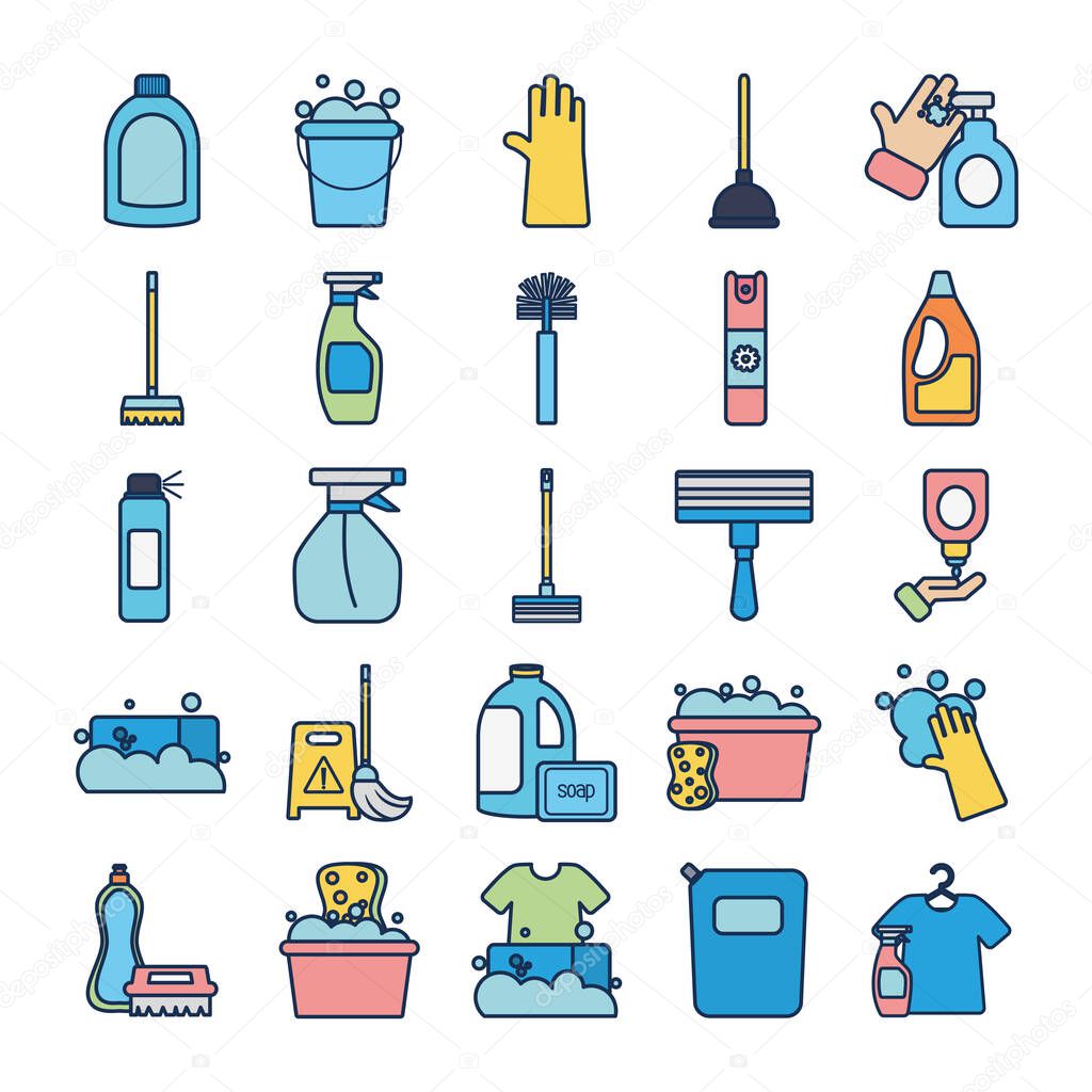 cleaning products and tools icon set, line fill style