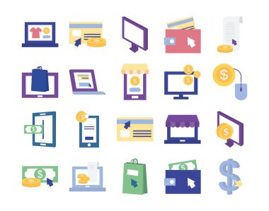 dizüstü bilgisayar ve ödemeler çevrimiçi simge seti, düz biçimli