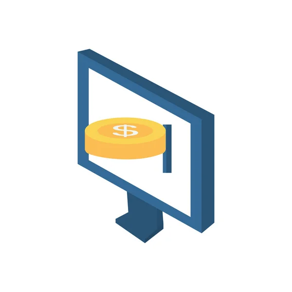 Concepto en línea de los pagos, computadora con el icono de la moneda del dinero, estilo plano — Archivo Imágenes Vectoriales