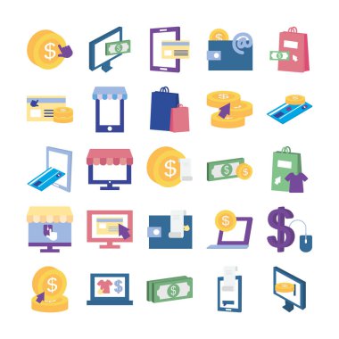 Alışveriş çantaları ve ödemeler çevrimiçi simge seti, düz stil