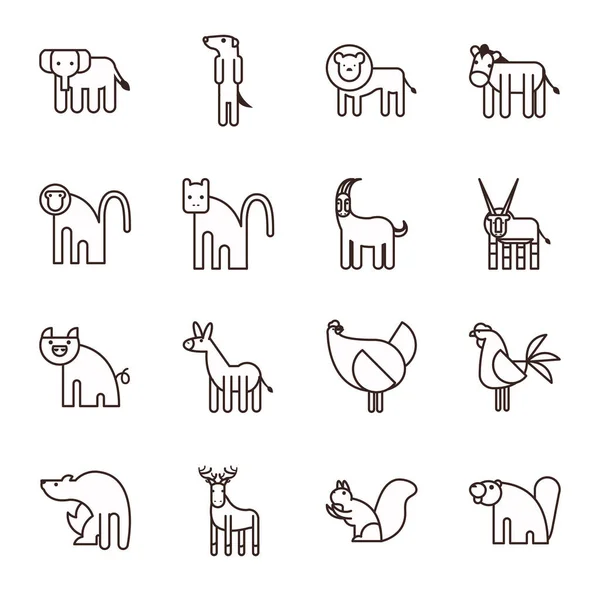 Cute zwierząt kreskówki linii styl ikona zestaw wektor projektu — Wektor stockowy