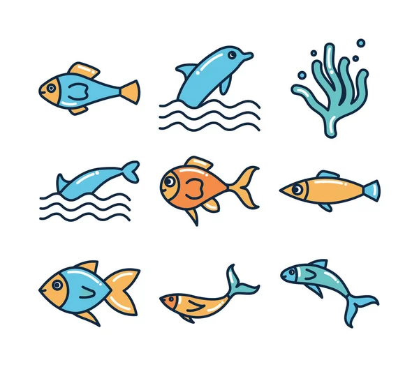 Animales marinos aislados llenar el icono de estilo conjunto de vectores de diseño — Vector de stock