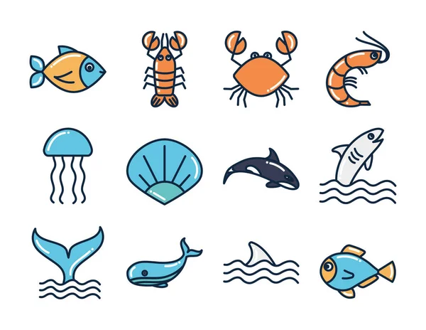 Isolé animaux de mer remplir style icône set vectoriel design — Image vectorielle