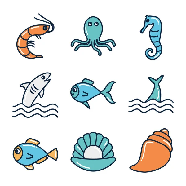 Animais marinhos isolados preenchem design de vetor conjunto de ícones de estilo — Vetor de Stock