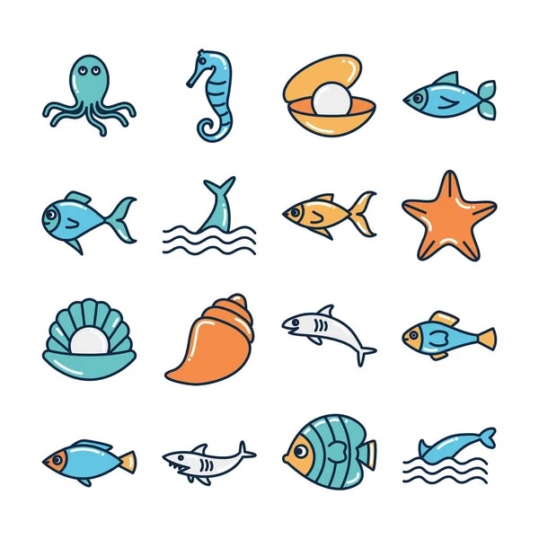Animales marinos aislados llenar el icono de estilo conjunto de vectores de diseño — Archivo Imágenes Vectoriales