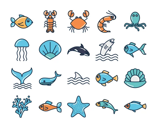 Isolé animaux de mer remplir style icône set vectoriel design — Image vectorielle