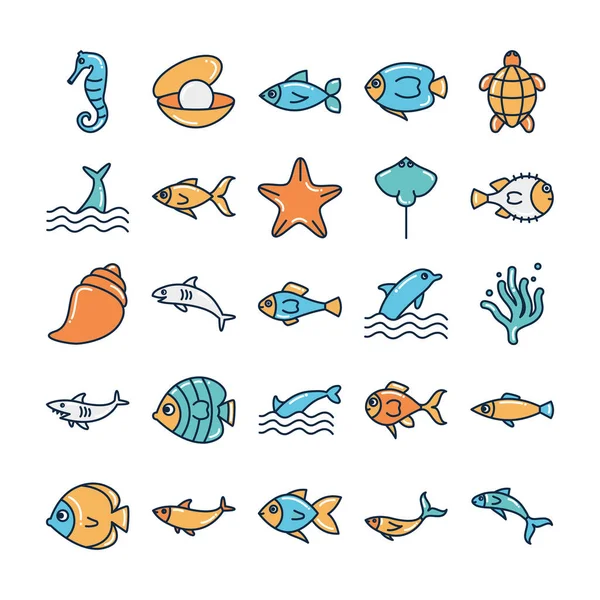 Isolé animaux de mer remplir style icône set vectoriel design — Image vectorielle