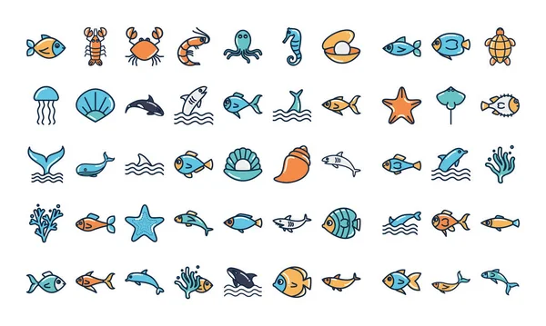 Isolé animaux de mer remplir style icône set vectoriel design — Image vectorielle