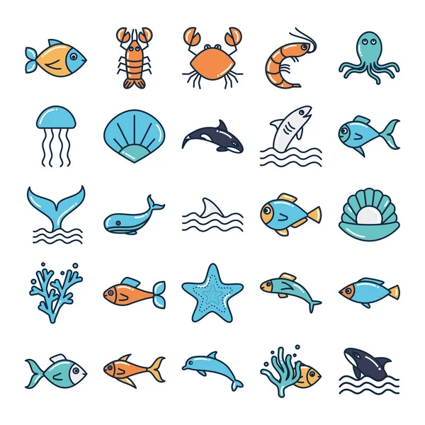 Animais marinhos isolados preenchem design de vetor conjunto de ícones de estilo — Vetor de Stock