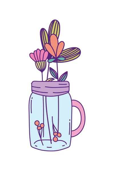 Mason jar with flowers and leaves vector design — Stock Vector