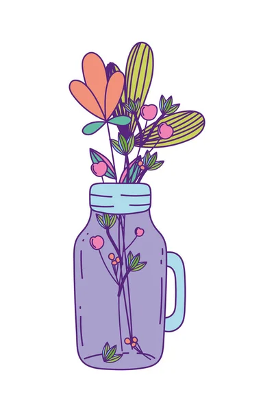 Mason jar with flowers and leaves vector design — Stock Vector