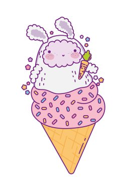 Kawaii tavşan çizgi filmi dondurma vektör tasarımı üzerine