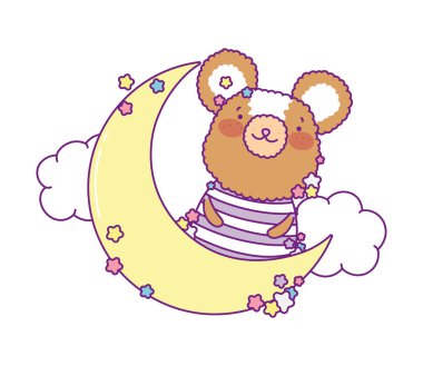 Ay ve bulut vektör tasarımlı şirin ayı çizgi filmi