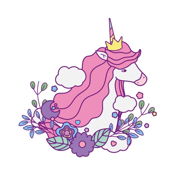 Dessin animé de cheval licorne avec des fleurs et des nuages design vectoriel — Image vectorielle