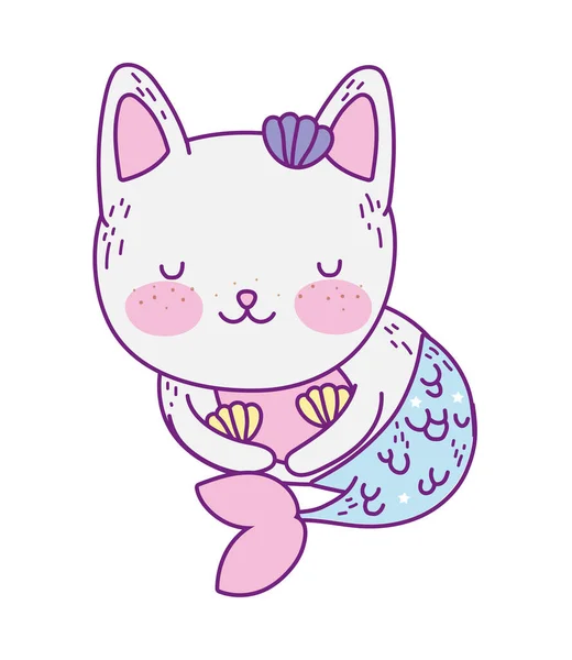 Kawaii gato sirene desenho animado vetor — Vetor de Stock