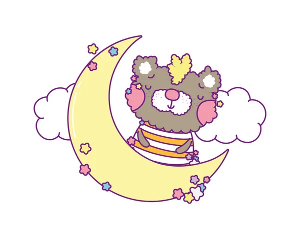 Mignon dessin animé ours avec lune et nuages vectoriel design — Image vectorielle