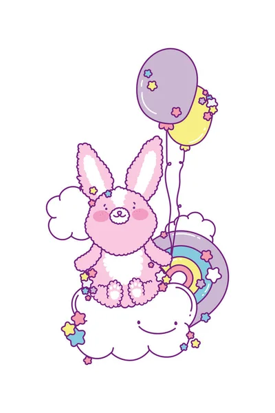 Kartun kelinci lucu di atas pelangi dengan desain vektor balon - Stok Vektor