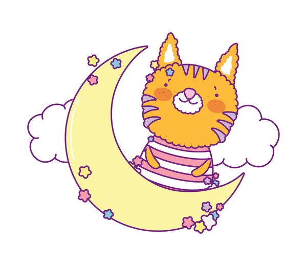 Χαριτωμένη γάτα κινουμένων σχεδίων με φεγγάρι και σύννεφα διάνυσμα σχεδιασμό — Διανυσματικό Αρχείο