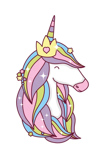 Kartun kuda unicorn dengan desain vektor mahkota - Stok Vektor