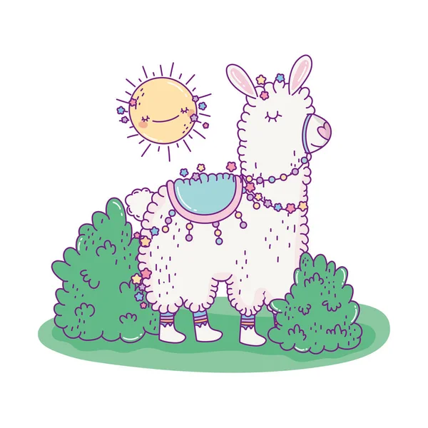 Mignon dessin animé lama avec soleil et arbustes vecteur design — Image vectorielle