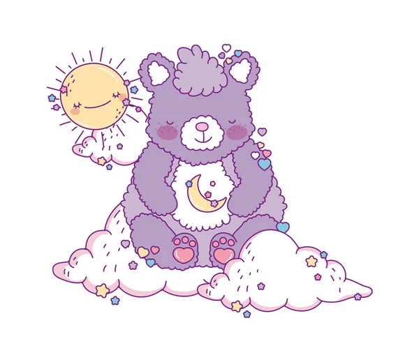 かわいいクマ漫画とともに太陽と雲ベクトルデザイン — ストックベクタ