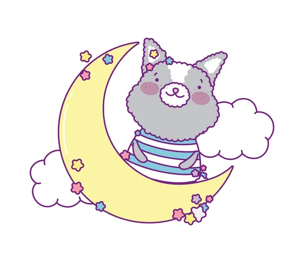 Cute cat cartoon with moon and clouds vector design — Stock Vector