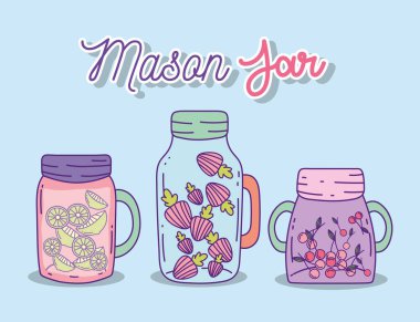 Limonlu çilek ve böğürtlen vektör tasarımlı mason kavanozu