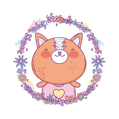 Çiçeklerin içinde şirin kedi karikatürü ve taç vektör tasarımı bırakır