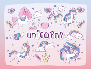 unircorns karikatürleri vektör tasarımını ayarlar