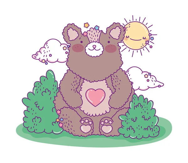 Cute bear cartoon with sun and clouds vector design — Stock Vector