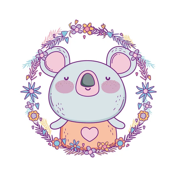 Mignon koala dessin animé à l'intérieur des fleurs et des feuilles design vectoriel couronne — Image vectorielle