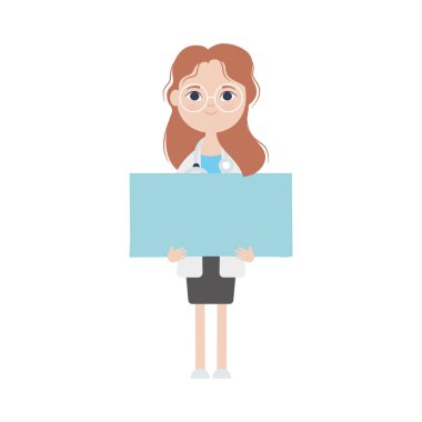 Boş reklam panosu olan doktor kadın, düz stil.